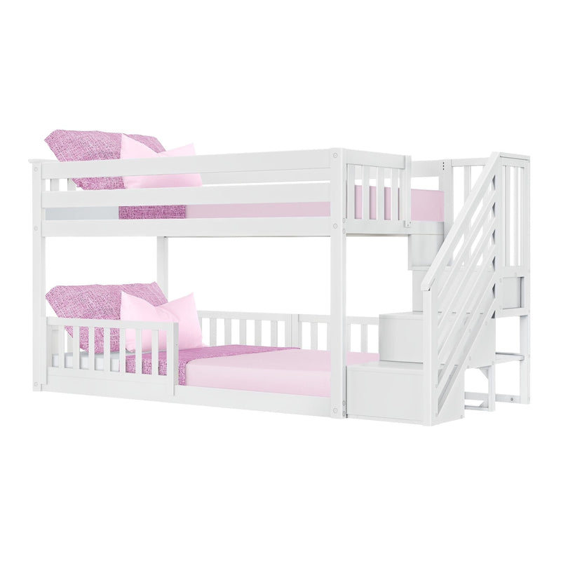 White wooden twin-over-twin bunk bed with staircase and pink bedding, kids' bedroom furniture