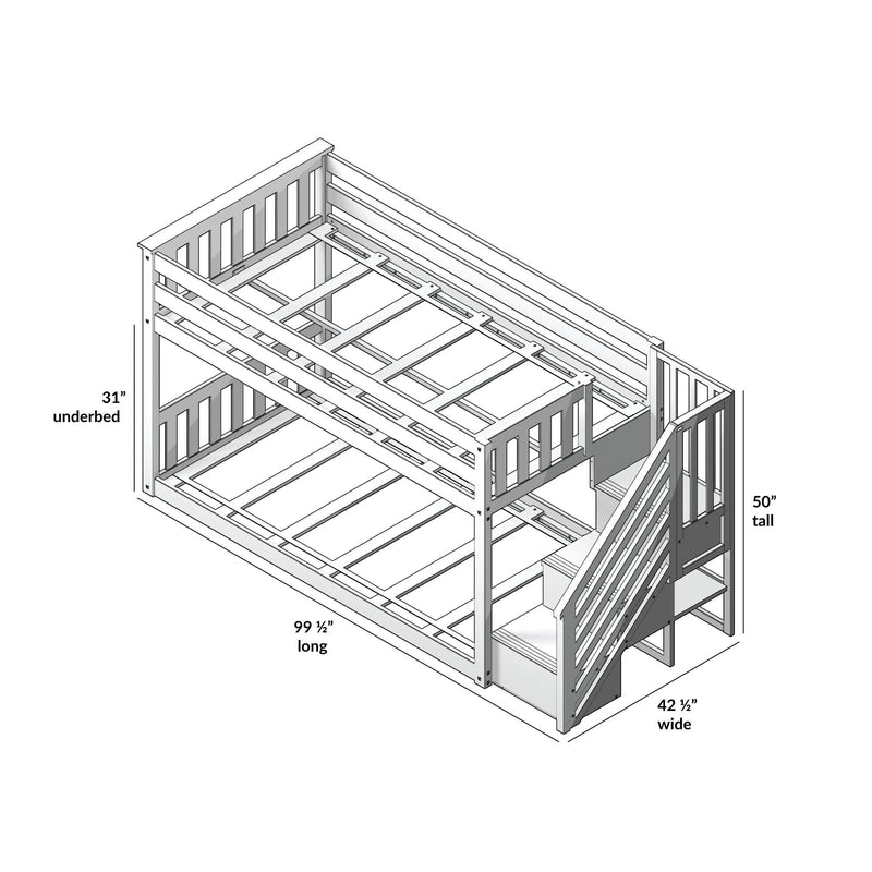 Isometric assembly diagram of a wooden twin-over-full bunk bed frame with built-in staircase, guardrails and underbed storage, dimensions 99.5 in long × 42.5 in wide × 50 in tall.