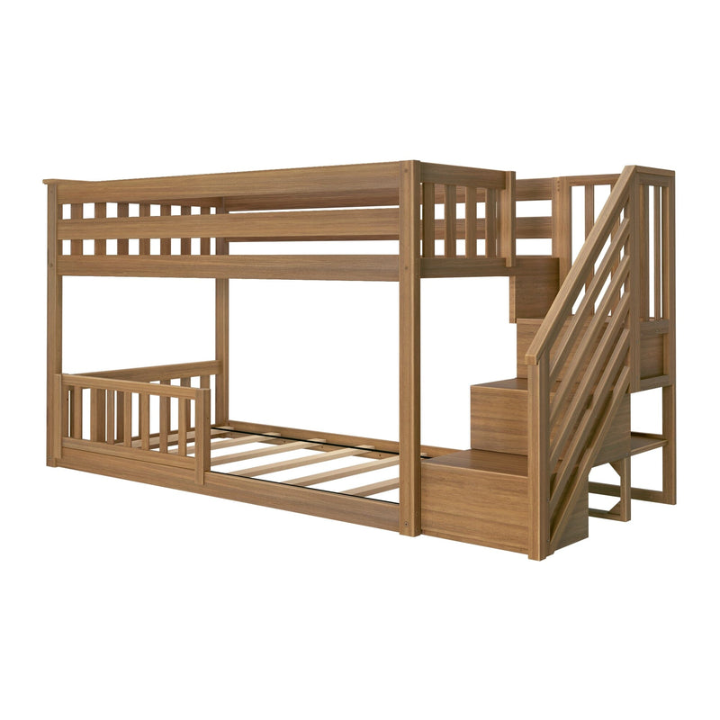 Solid wood twin-over-full bunk bed frame with staircase and slatted guardrails in natural oak finish, staircase storage steps and loft-style kids' bedroom furniture