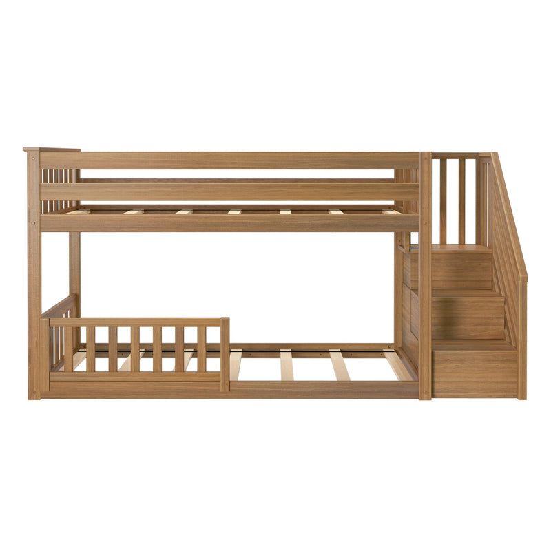 Natural wood twin-over-twin bunk bed frame with built-in staircase, slatted guardrails and storage steps for children's bedroom