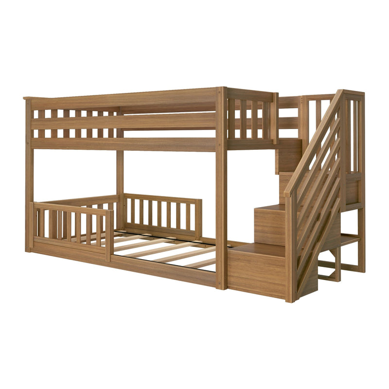 Twin-over-full solid wood bunk bed with built-in staircase and slatted guardrails in a natural oak finish, space-saving kids loft bed