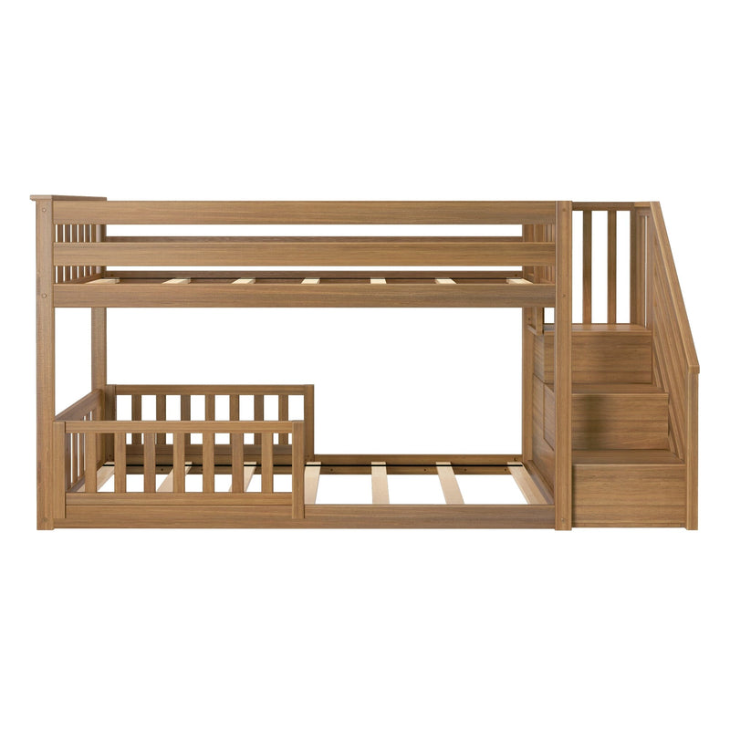 L-shaped solid wood loft bunk bed with built-in storage staircase, safety guardrails and slatted mattress supports in natural wood finish