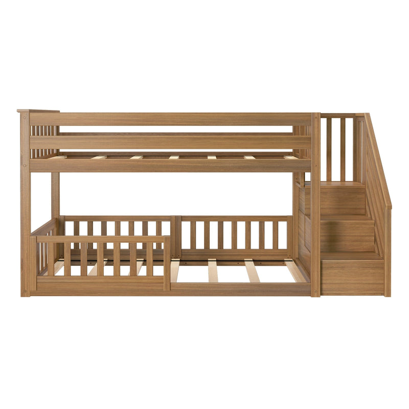 Solid wood twin-over-twin bunk bed with built-in staircase and storage drawers, slatted guardrails and wooden slats in natural oak finish — space-saving kids loft bed