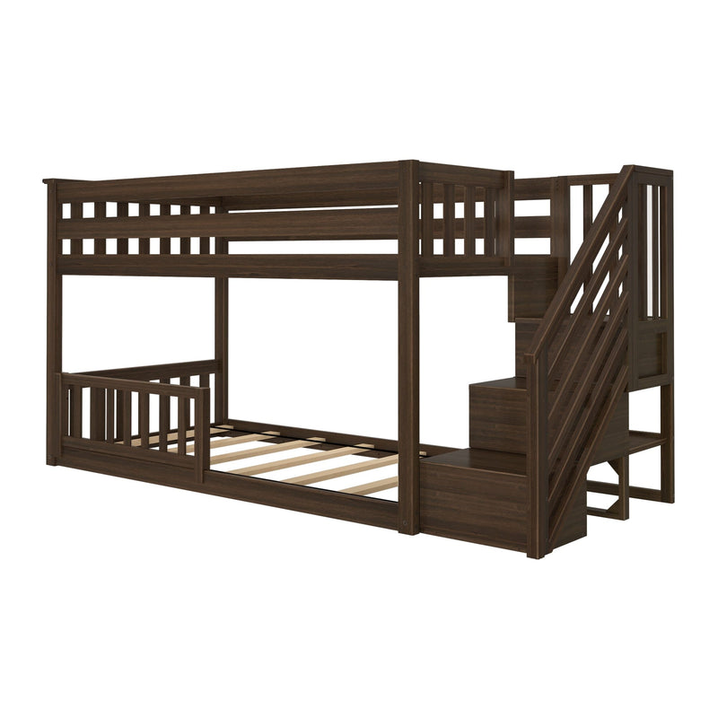 Dark brown wooden twin-over-full loft bunk bed with staircase, slatted platform and safety guardrails for kids bedroom