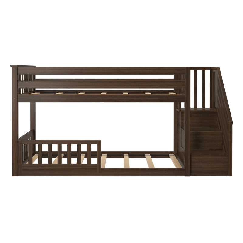 Dark walnut twin-over-full wooden bunk bed with built-in staircase storage, slatted guardrails and wooden platform slats for kids' bedroom