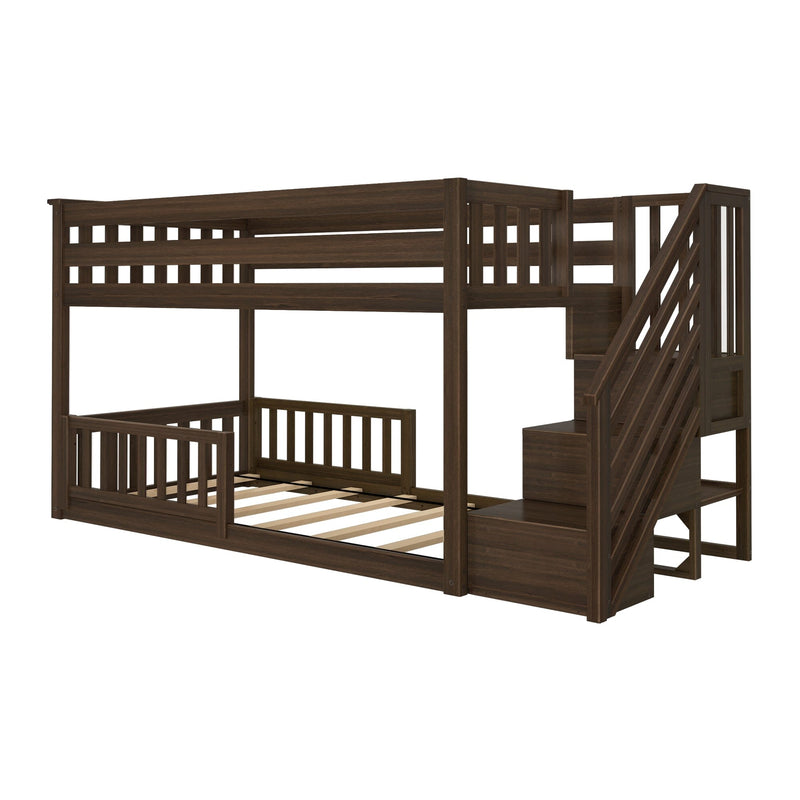 Solid wood twin-over-full bunk bed with staircase and integrated storage, dark espresso finish, slatted guardrails and space-saving kids bedroom loft
