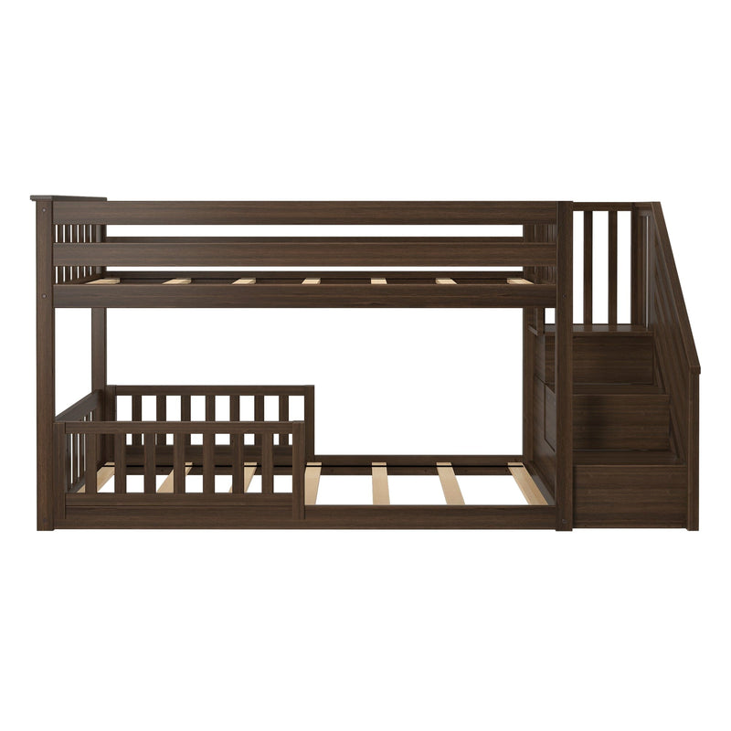 Dark walnut wooden bunk bed with guardrails, slatted mattress supports and built-in staircase with storage
