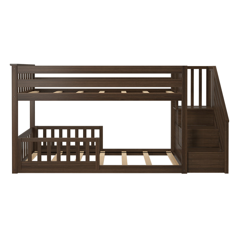 Dark walnut solid wood loft-style twin-over-twin bunk bed with built-in staircase, safety rails, and slatted mattress supports