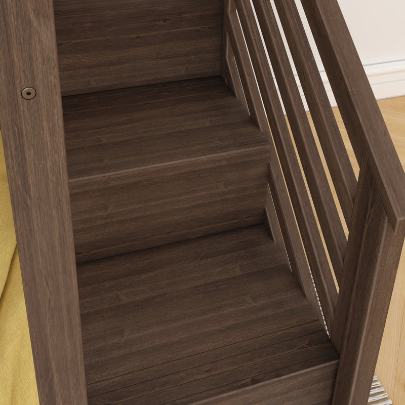 Close-up of dark walnut wooden bed frame with vertical slats and visible screw, highlighting rich wood grain texture and modern bedroom furniture on hardwood floor