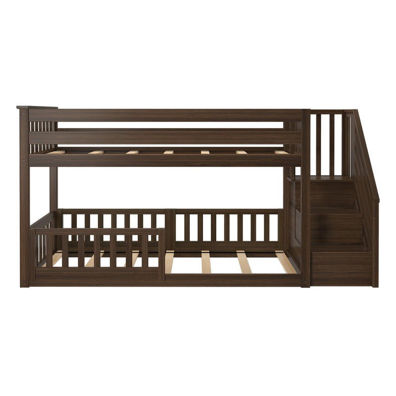 Dark walnut wooden loft-style bunk bed with built-in staircase and safety rails, twin-over-full platform frame with slatted mattress supports