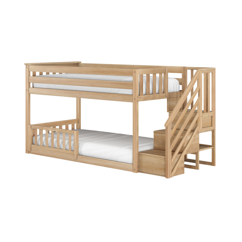 Twin Over Twin Low Bunk Bed With Stairs & Guardrails