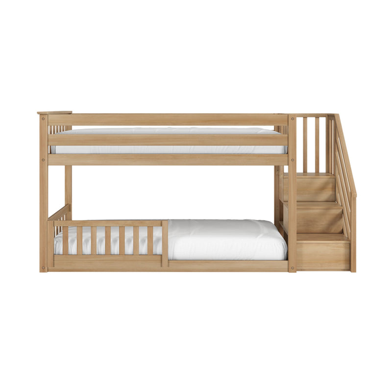 Twin Over Twin Low Bunk Bed With Stairs & Guardrails