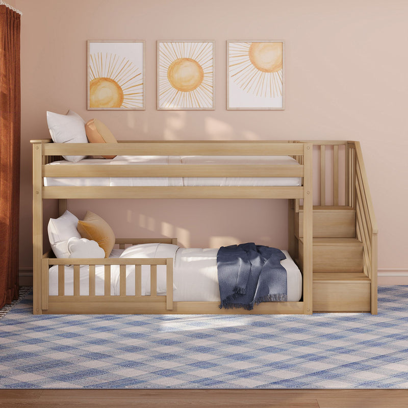 Twin Over Twin Low Bunk Bed With Stairs & Guardrails