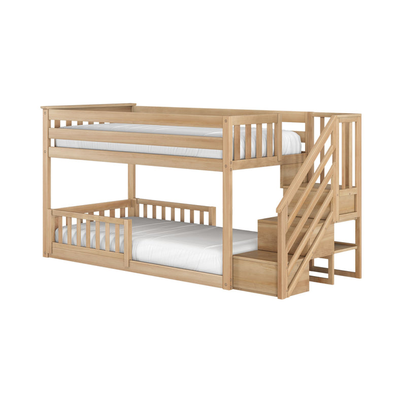 Twin Over Twin Low Bunk Bed With Stairs & Guardrails