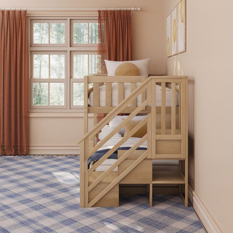 Twin Over Twin Low Bunk Bed With Stairs & Guardrails
