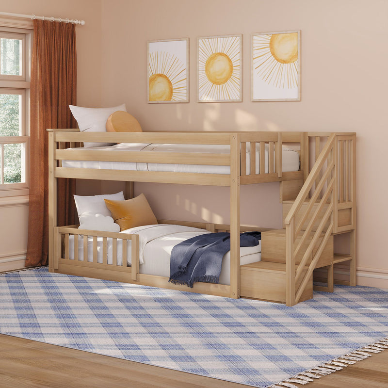Twin Over Twin Low Bunk Bed With Stairs & Guardrails