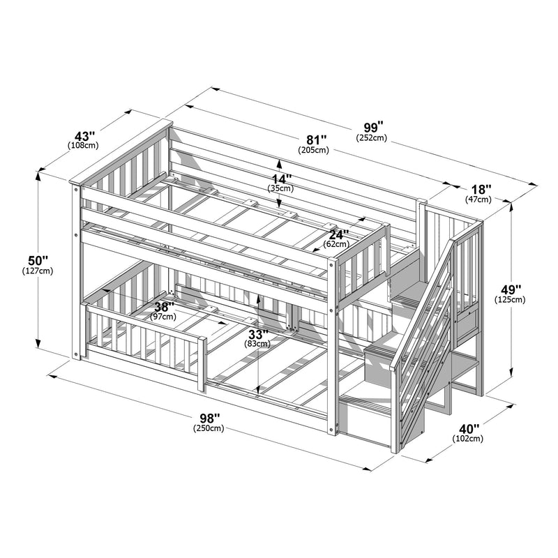 Twin Over Twin Low Bunk Bed With Stairs & Guardrails