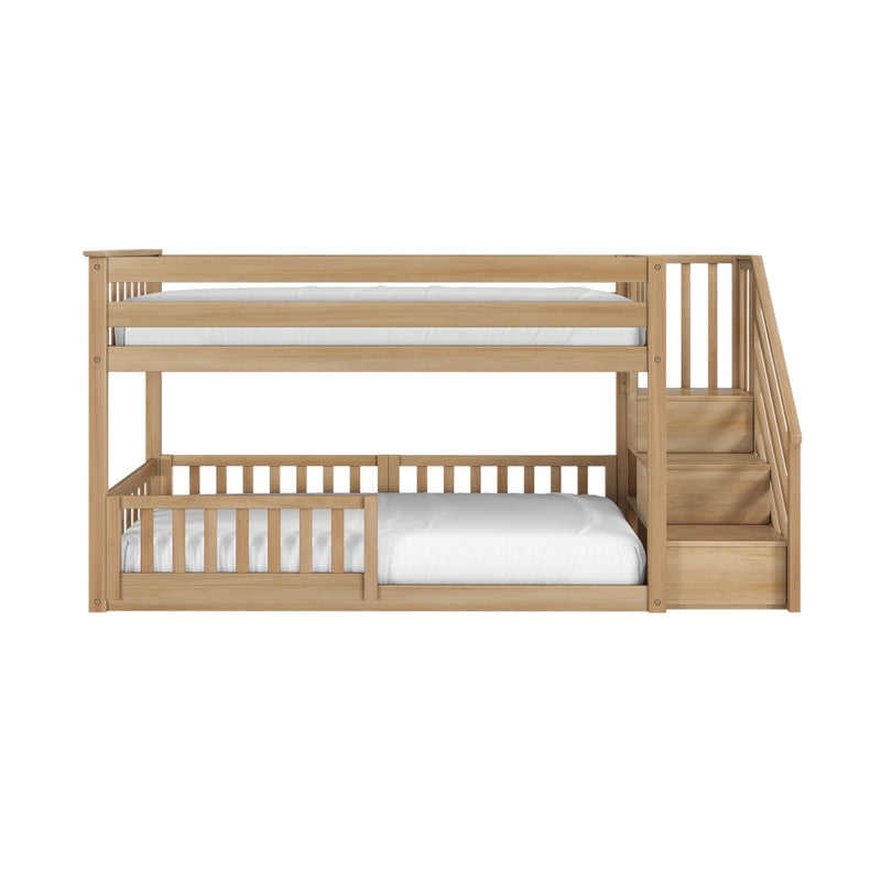 Twin Over Twin Low Bunk Bed With Stairs & Guardrails