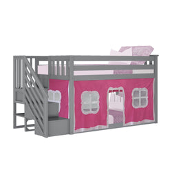Gray wooden loft bed with pink playhouse curtains and built-in staircase for kids' bedroom.