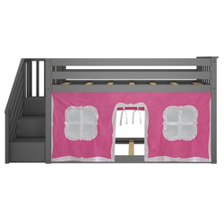 Gray children's loft bed with pink curtain and stairs, perfect for small bedrooms and play areas.