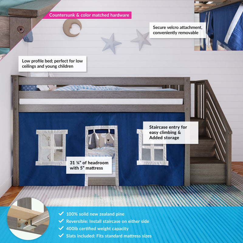 Gray wooden kids loft bed with staircase, low-profile solid pine frame and blue playhouse curtain with windows for under-bed play