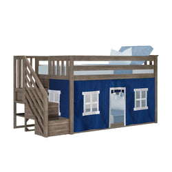 Loft bed with stairs and blue playhouse tent for kids' bedroom.
