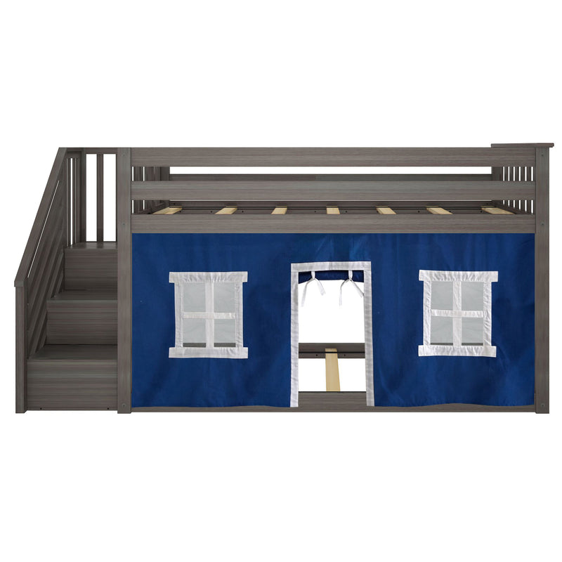 Gray wooden loft bed with built-in staircase and navy blue playhouse curtain featuring white window panels — kids twin loft bed frame for bedroom play and storage