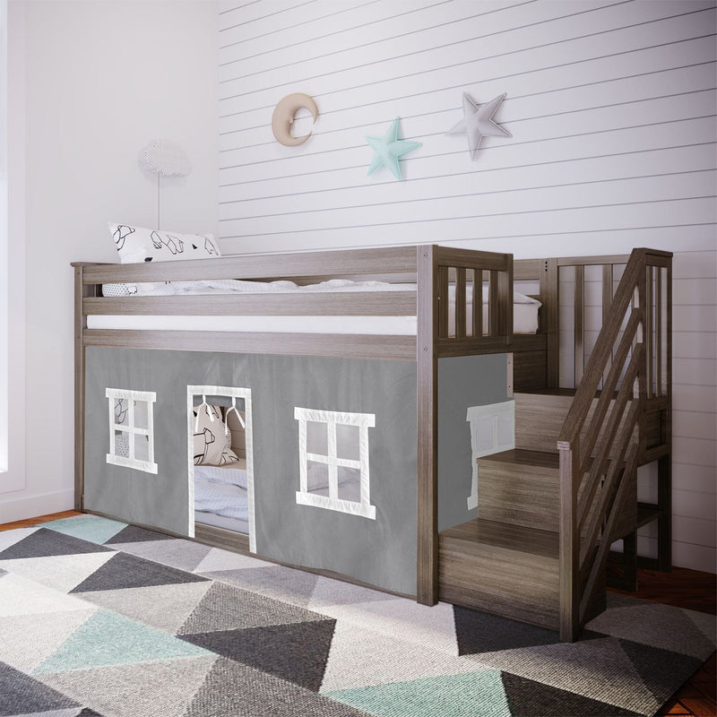 Modern wooden loft bed for kids with built-in stairs and gray playhouse curtain, white shiplap wall with star and moon decor and geometric rug