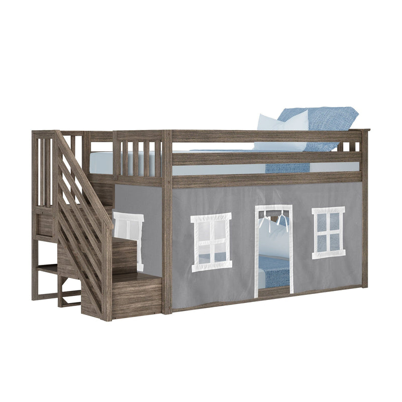 Gray wood twin loft bed with staircase storage, blue bedding and under-bed gray playhouse tent with windows and doorway — space-saving kids bunk-style bed