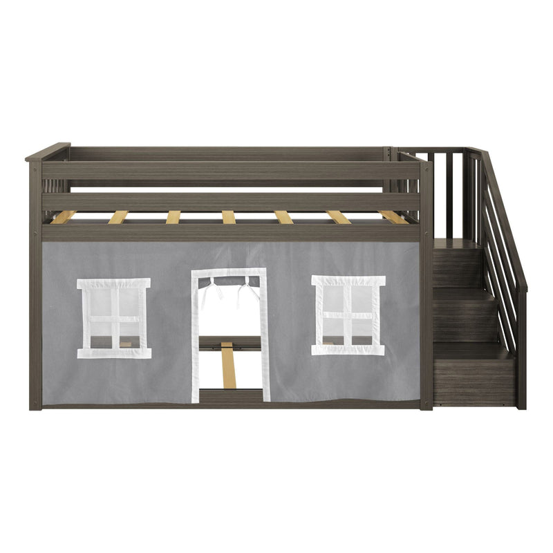 Gray wooden twin loft bed with integrated staircase and safety rails, featuring an under-bed gray playhouse curtain with windows and door for kids