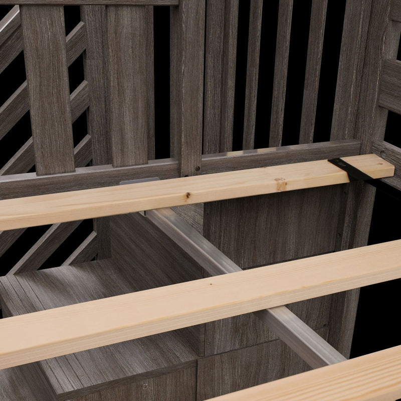 Close-up of outdoor wooden bench frame with light pine slats, weathered gray wood panels and metal support bracket for patio seating