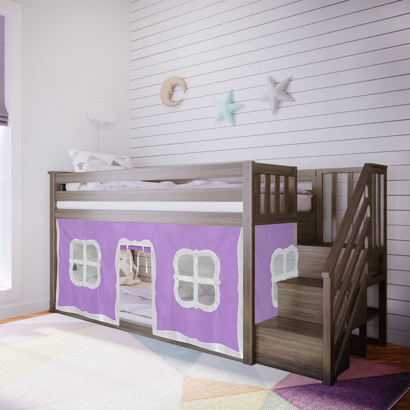 Wooden loft bunk bed with staircase and purple playhouse curtain in pastel kids bedroom with moon and star wall decor on white shiplap wall