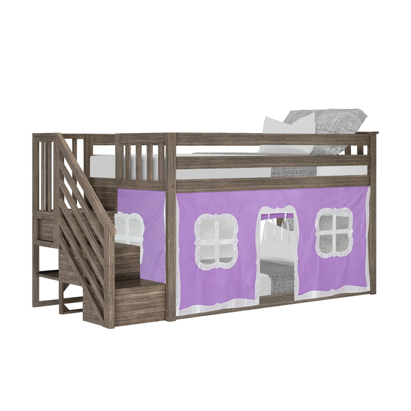 Weathered gray wooden twin loft bed with built-in staircase, top bunk mattress and pillows, purple playhouse curtain panels underneath