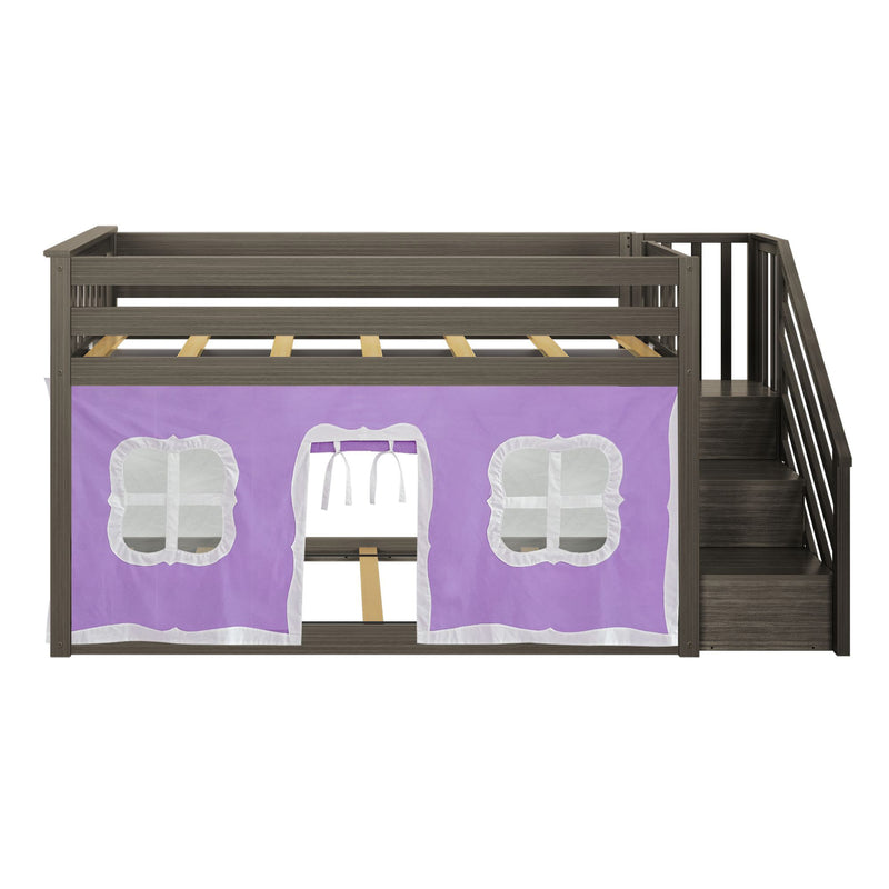 Kids loft bed with stairs, dark gray wood frame, guardrails and purple play-tent curtain with window panels
