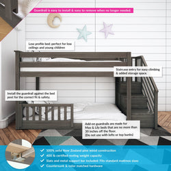 Solid New Zealand pine wood bunk bed with staircase, guardrail, and storage steps, ideal for children and low ceilings; meets 400 lb weight capacity with durable construction.