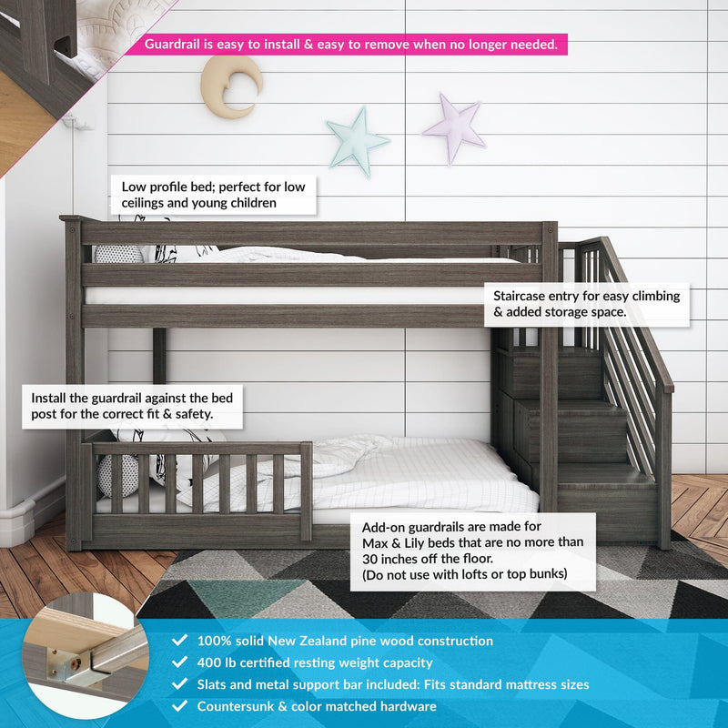 Kids loft bunk bed with staircase and removable safety guardrail, dark gray solid pine low-profile design against white shiplap wall with star and moon decor, includes slats, metal support bar and built-in staircase storage