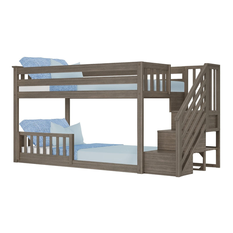 Wooden bunk bed with safety railing and side stairs, featuring blue bedding.