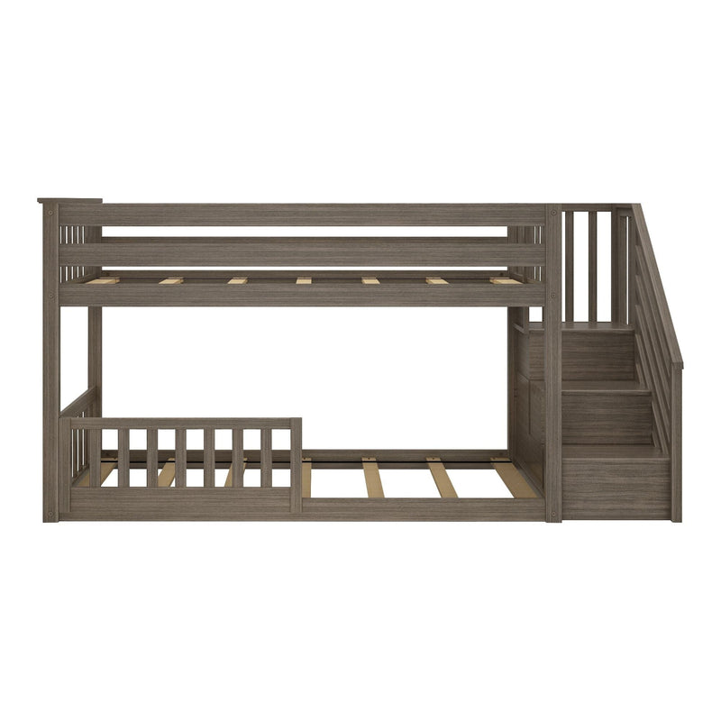 Gray wood twin-over-twin bunk bed with integrated staircase storage, slatted guardrails and space-saving loft design for kids’ bedroom furniture