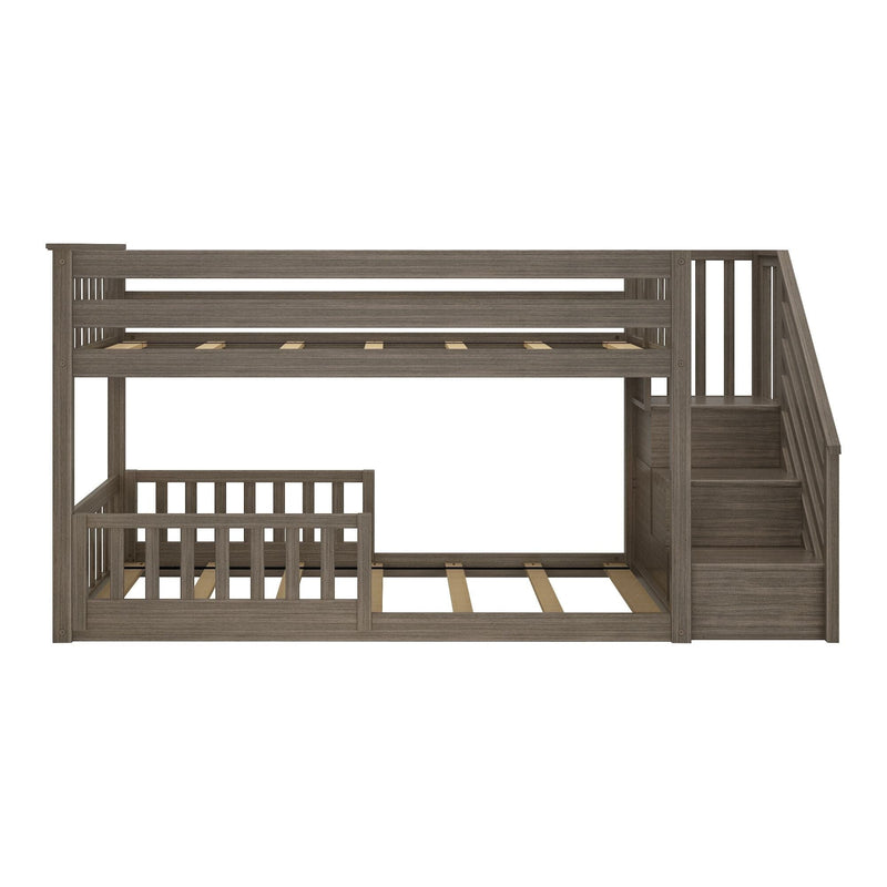 Gray wood twin-over-twin bunk bed with built-in staircase, slatted mattress platforms, safety guardrails and storage steps