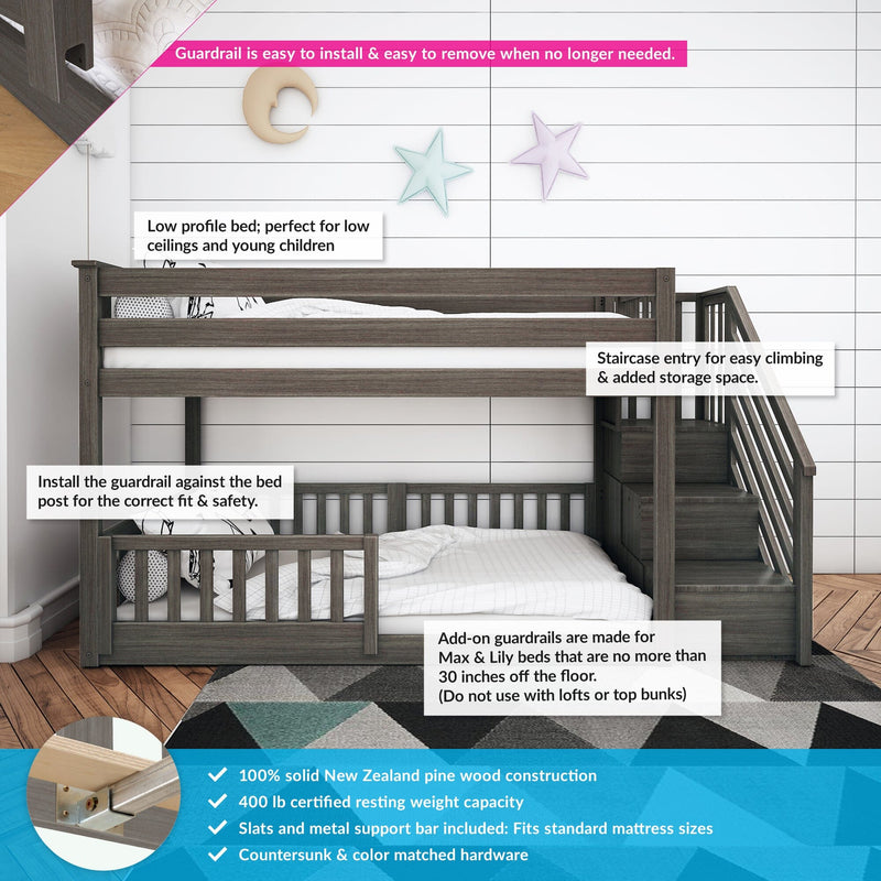 Low-profile kids loft bunk bed with staircase storage and removable guardrail, dark solid pine finish, fits standard mattress, ideal for low ceilings and young children