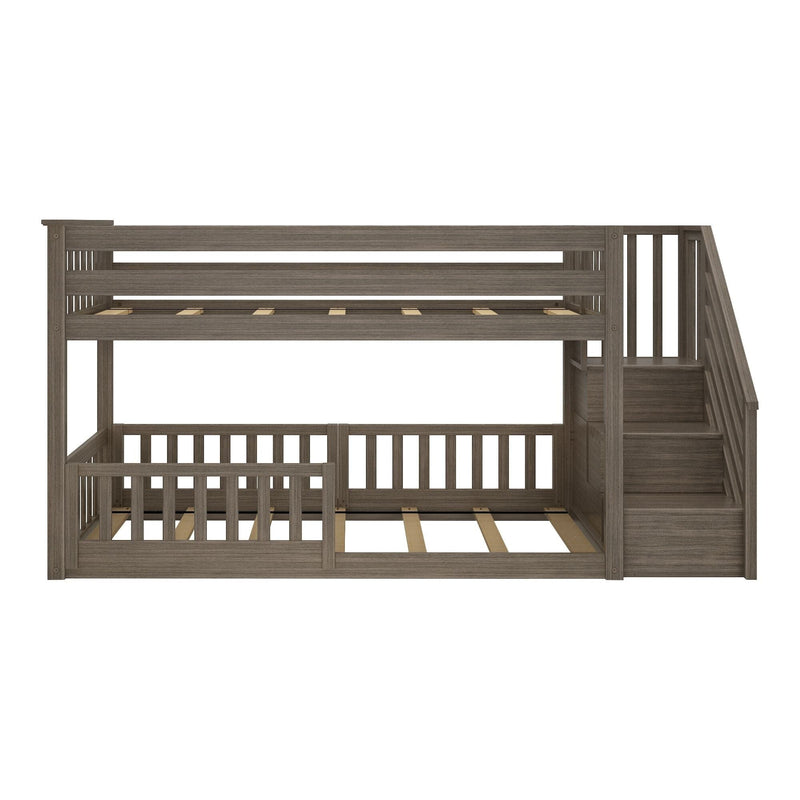 Gray-brown wooden L-shaped bunk bed with built-in staircase, slatted mattress supports and safety guardrails for kids' bedroom