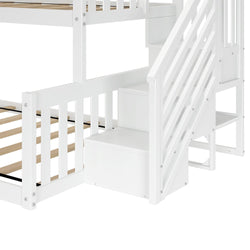 White wooden bunk bed with integrated staircase and safety rails, ideal for kids' room furniture setup.