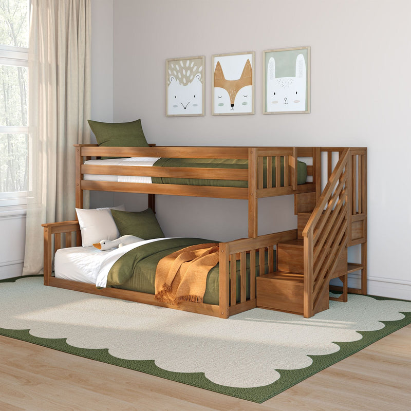 Wooden bunk bed in children's bedroom with green bedding, cozy decor and framed animal wall art
