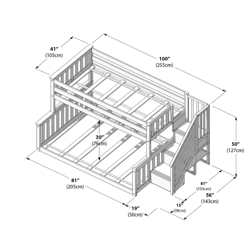 Isometric assembly diagram of a wooden bunk bed loft frame with stairs, guardrails and slatted mattress supports, labeled dimensions in inches and cm (100″/255cm L, 81″/205cm W, 50″/127cm H)