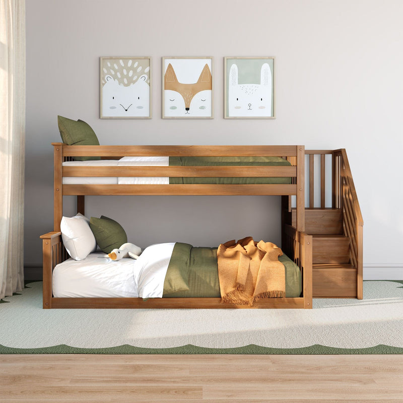 Wooden bunk bed in modern kids' bedroom with green bedding, orange throw, plush duck and framed animal wall art (fox, rabbit, hedgehog) above