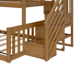 Wooden bunk bed with staircase and railing, featuring natural finish and spacious storage steps for kids' bedroom.
