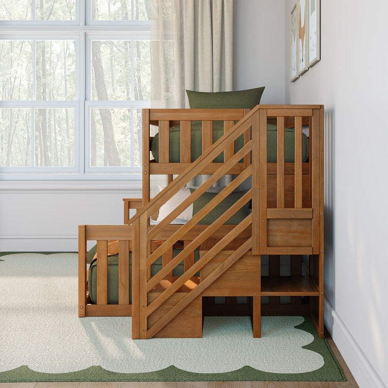 Natural wood loft bunk bed with green cushions and built-in storage in a bright modern kids' bedroom beside large windows and beige curtains