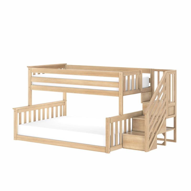 Natural oak bunk bed with staircase and built-in drawers, twin-over-full configuration, slatted rails and white mattresses