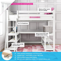 White loft bed with desk, 51.5-inch headroom, wrap-around shelves, non-slip ladder, and solid New Zealand pine construction. Perfect for 8+ ft ceilings.