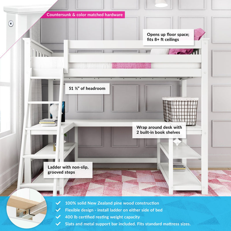 White kids loft bed with built-in wrap-around desk, two bookshelves and ladder with non-slip grooved steps, space-saving solid New Zealand pine construction with pink accents